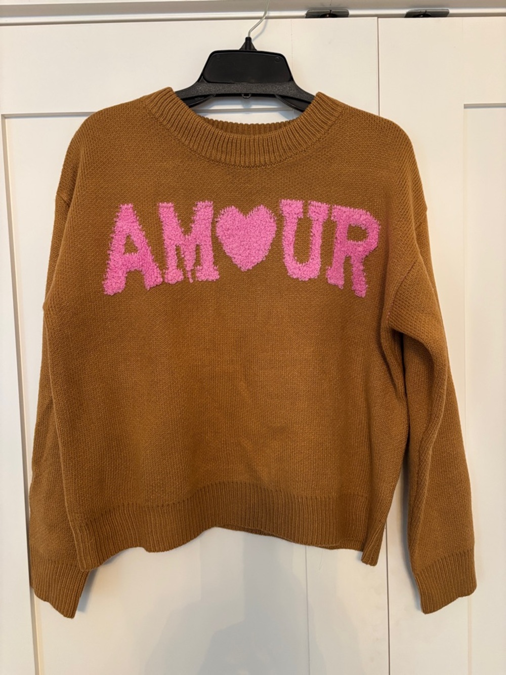 Camel Crewneck Sweater with Pink 'AMOUR' lettering Sz S